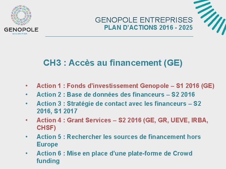 GENOPOLE ENTREPRISES PLAN D’ACTIONS 2016 - 2025 CH 3 : Accès au financement (GE)