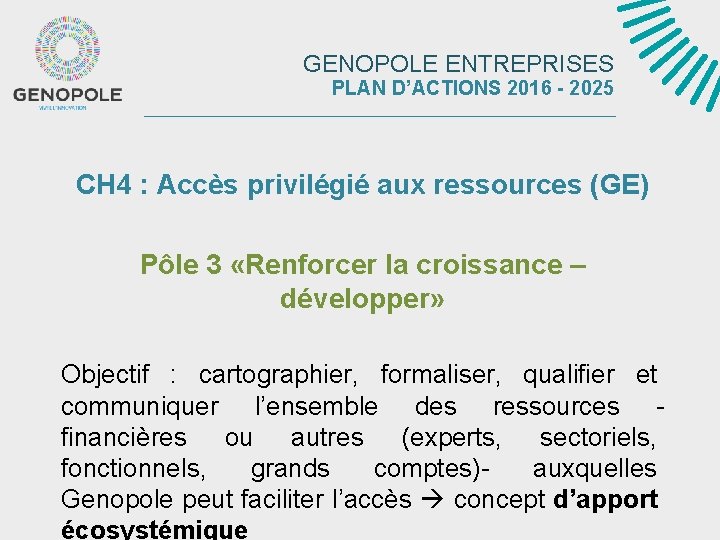 GENOPOLE ENTREPRISES PLAN D’ACTIONS 2016 - 2025 CH 4 : Accès privilégié aux ressources