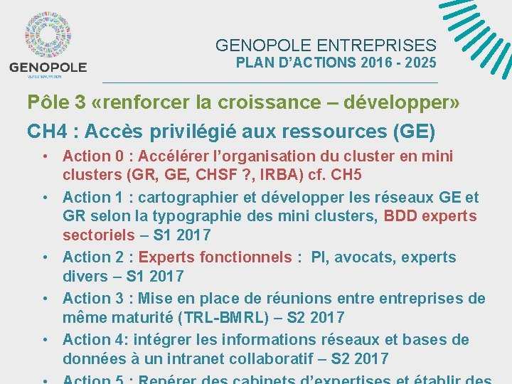 GENOPOLE ENTREPRISES PLAN D’ACTIONS 2016 - 2025 Pôle 3 «renforcer la croissance – développer»