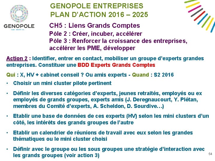 GENOPOLE ENTREPRISES PLAN D’ACTION 2016 – 2025 CH 5 : Liens Grands Comptes Pôle