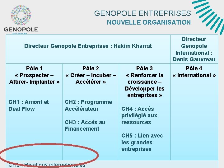 GENOPOLE ENTREPRISES NOUVELLE ORGANISATION Directeur Genopole Entreprises : Hakim Kharrat Pôle 1 « Prospecter