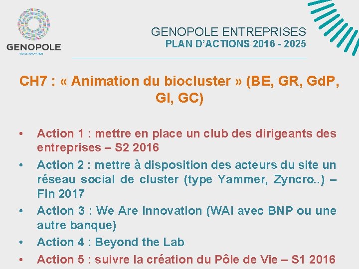 GENOPOLE ENTREPRISES PLAN D’ACTIONS 2016 - 2025 CH 7 : « Animation du biocluster