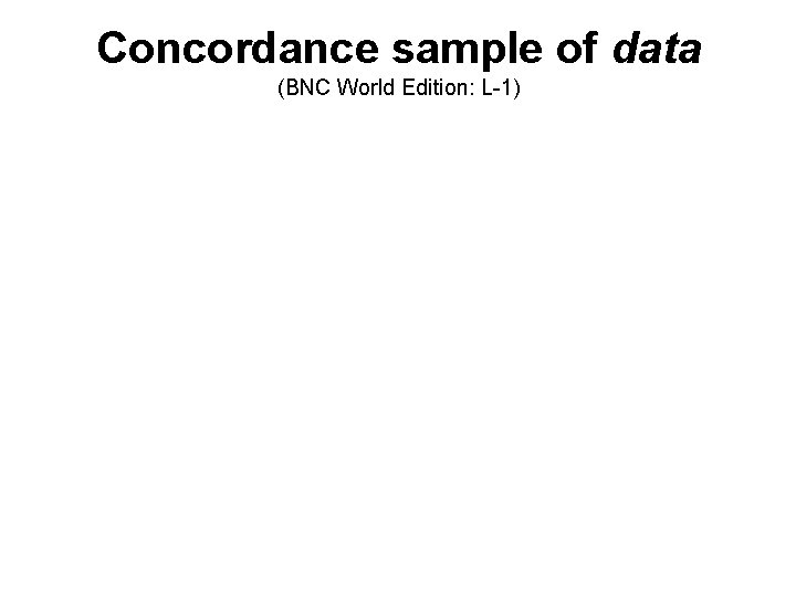 Concordance sample of data (BNC World Edition: L-1) 