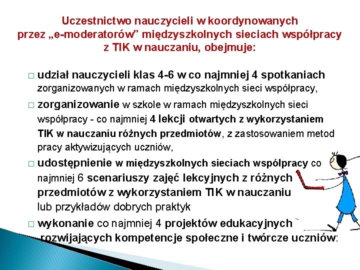 Uczestnictwo nauczycieli w koordynowanych przez „e-moderatorów” międzyszkolnych sieciach współpracy z TIK w nauczaniu, obejmuje: