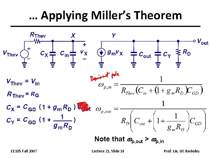 … Applying Miller’s Theorem Note that wp, out > wp, in EE 105 Fall