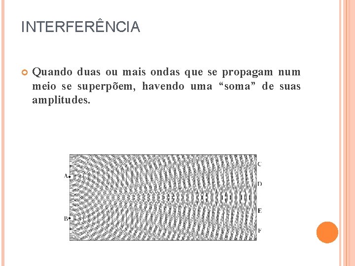 INTERFERÊNCIA Quando duas ou mais ondas que se propagam num meio se superpõem, havendo