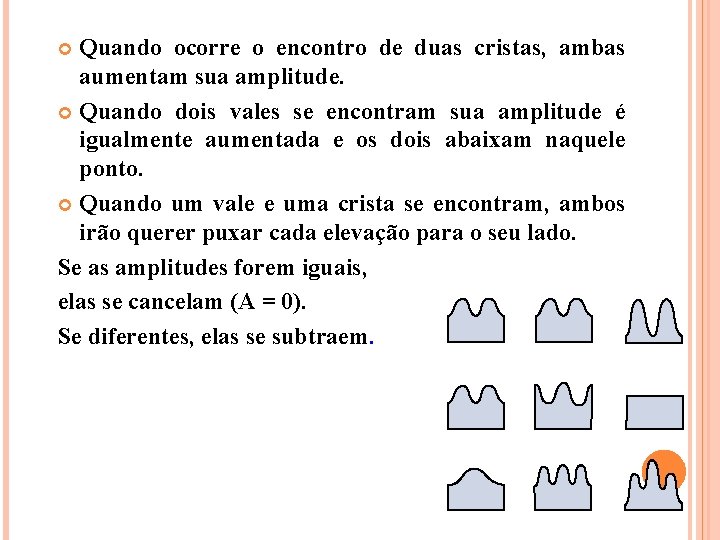 Quando ocorre o encontro de duas cristas, ambas aumentam sua amplitude. Quando dois vales