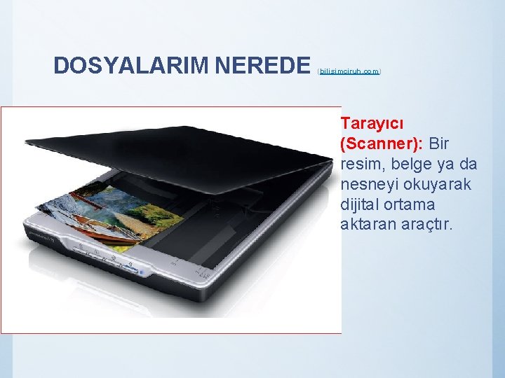 DOSYALARIM NEREDE (bilisimciruh. com) Tarayıcı (Scanner): Bir resim, belge ya da nesneyi okuyarak dijital