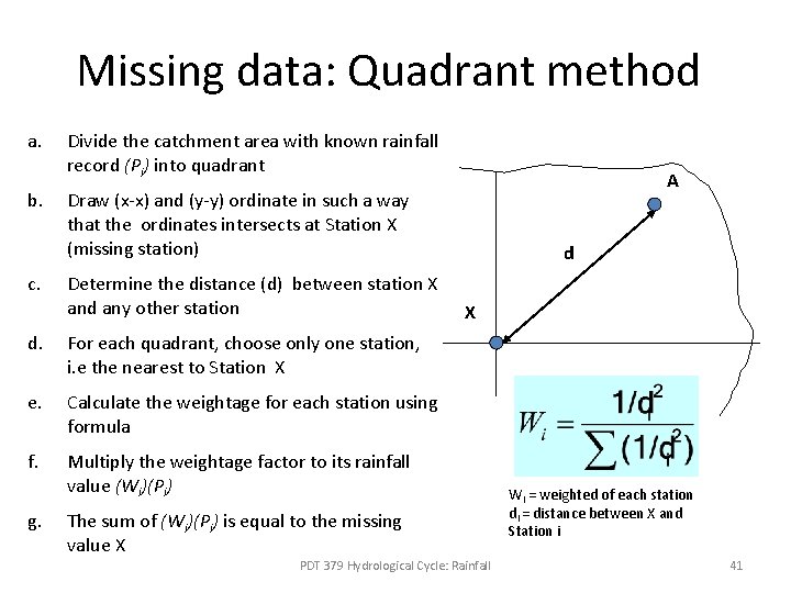 Missing data: Quadrant method a. b. c. Divide the catchment area with known rainfall Missing data: Quadrant method a. b. c. Divide the catchment area with known rainfall