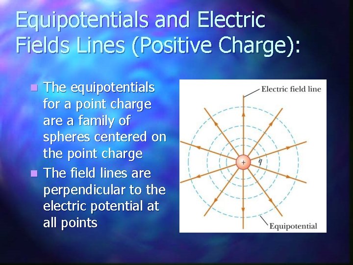 Equipotentials and Electric Fields Lines (Positive Charge): The equipotentials for a point charge are