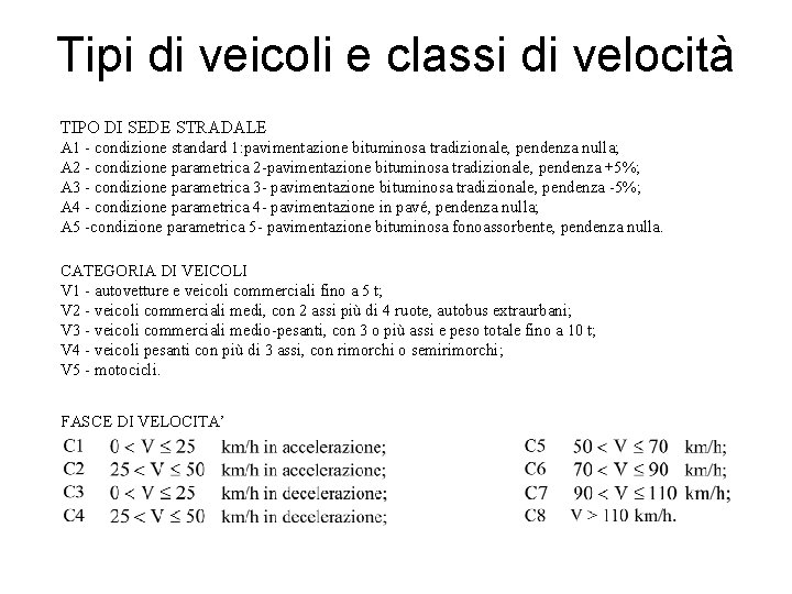 Tipi di veicoli e classi di velocità TIPO DI SEDE STRADALE A 1 -