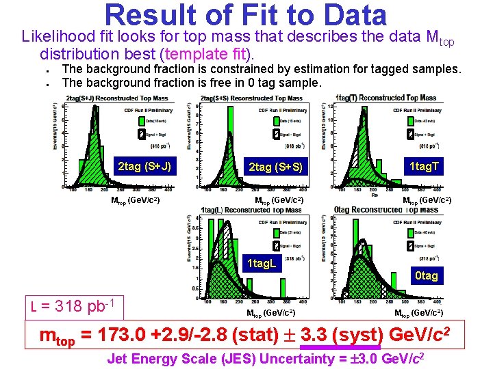 Result of Fit to Data Likelihood fit looks for top mass that describes the