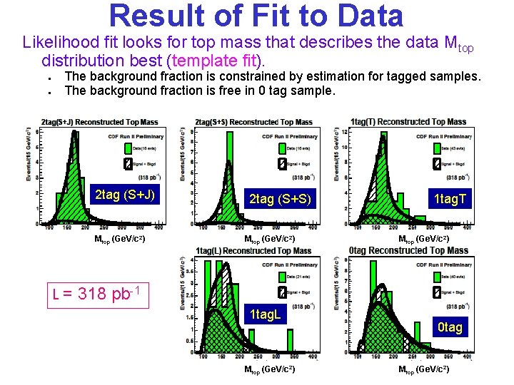 Result of Fit to Data Likelihood fit looks for top mass that describes the