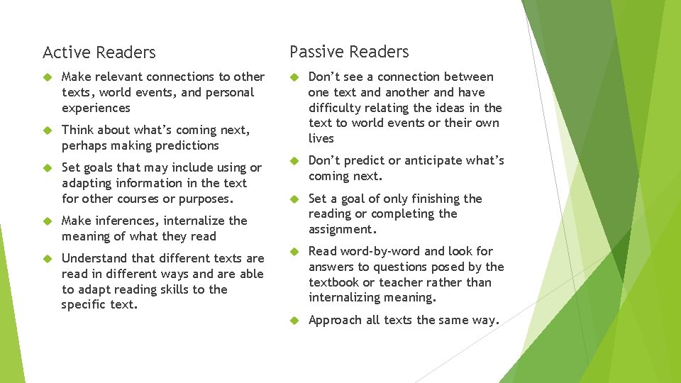 Active Readers Make relevant connections to other texts, world events, and personal experiences Think