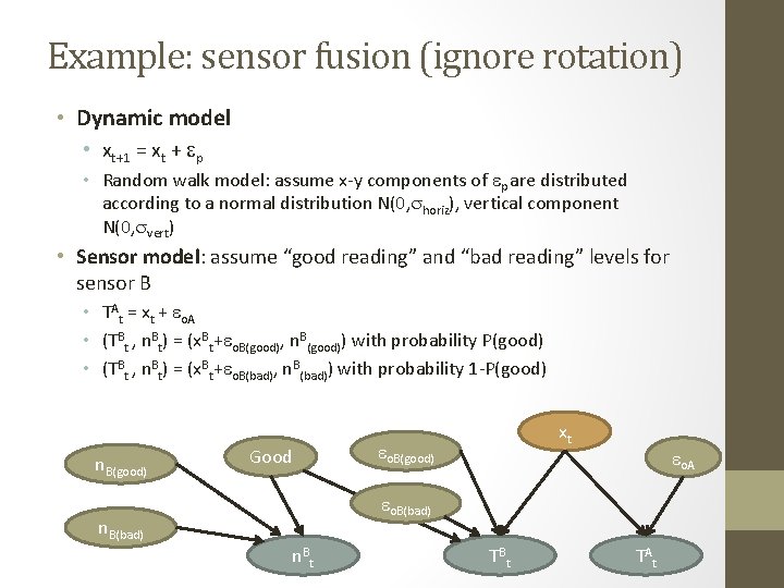 Example: sensor fusion (ignore rotation) • Dynamic model • xt+1 = xt + ep