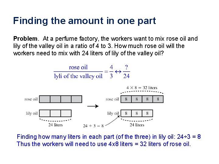 Finding the amount in one part Problem. At a perfume factory, the workers want