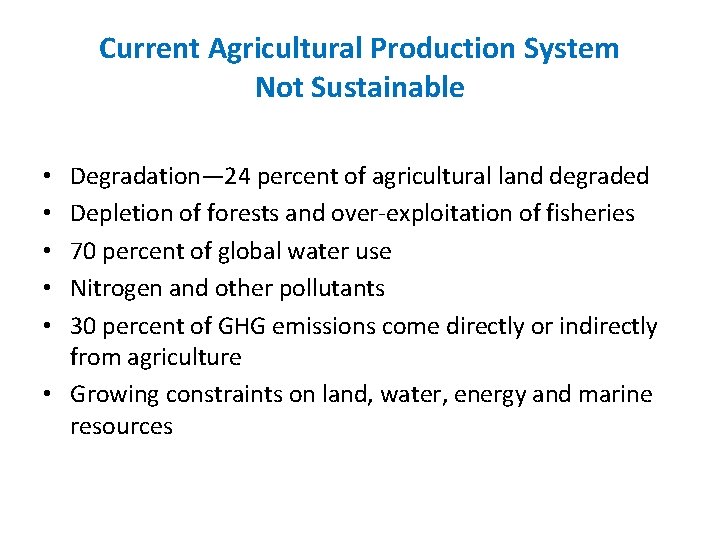 Current Agricultural Production System Not Sustainable Degradation— 24 percent of agricultural land degraded Depletion