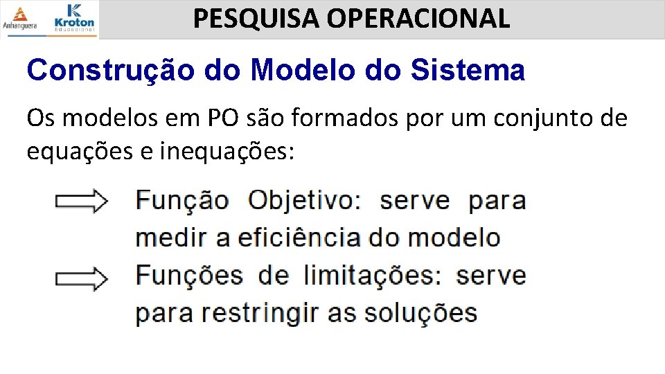 PESQUISA OPERACIONAL Construção do Modelo do Sistema Os modelos em PO são formados por