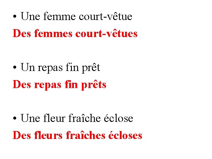  • Une femme court-vêtue Des femmes court-vêtues • Un repas fin prêt Des