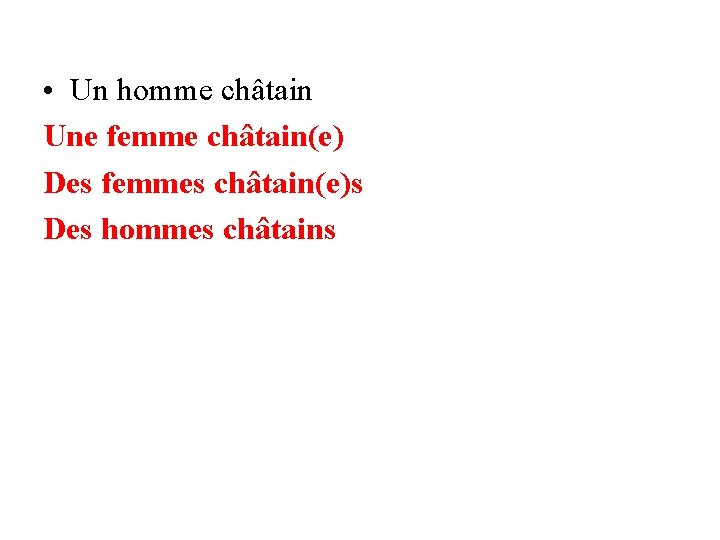  • Un homme châtain Une femme châtain(e) Des femmes châtain(e)s Des hommes châtains