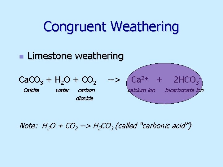 Congruent Weathering n Limestone weathering Ca. CO 3 + H 2 O + CO Congruent Weathering n Limestone weathering Ca. CO 3 + H 2 O + CO
