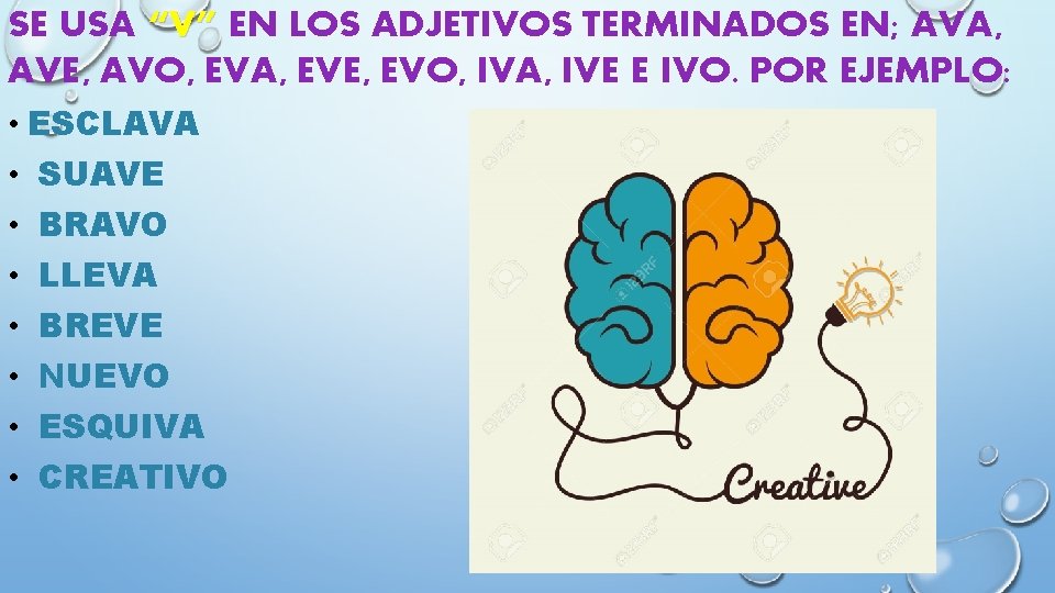 SE USA “V” EN LOS ADJETIVOS TERMINADOS EN; AVA, AVE, AVO, EVA, EVE, EVO,