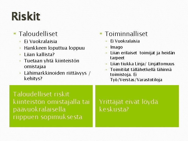 Riskit Taloudelliset Ei Vuokralaisia Hankkeen loputtua loppuu Liian kallista? Tuetaan yhtä kiinteistön omistajaa ◦