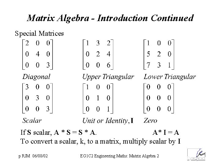 Matrix Algebra - Introduction Continued Special Matrices If S scalar, A * S =