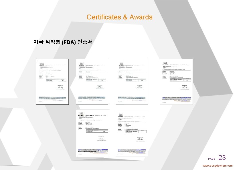 Certificates & Awards 미국 식약청 (FDA) 인증서 PAGE 23 www. sungdochem. com 
