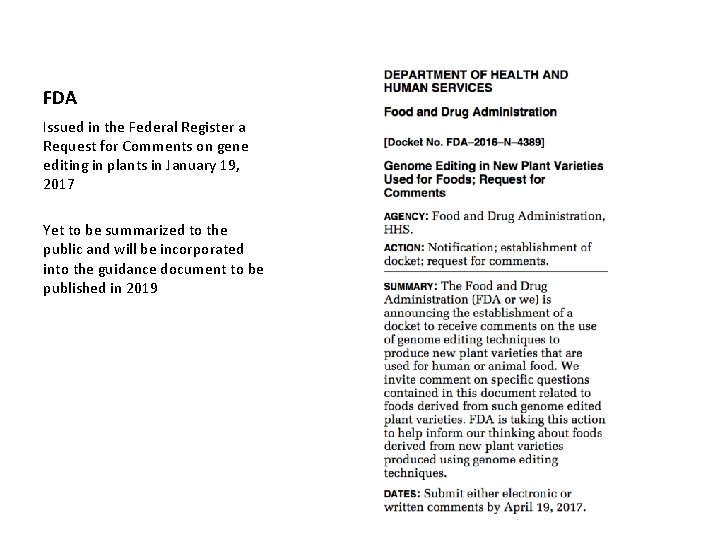 FDA Issued in the Federal Register a Request for Comments on gene editing in