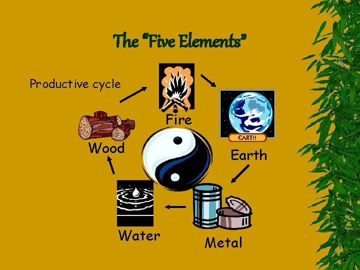 The “Five Elements” Productive cycle Fire Wood Water Earth Metal The “Five Elements” Productive cycle Fire Wood Water Earth Metal