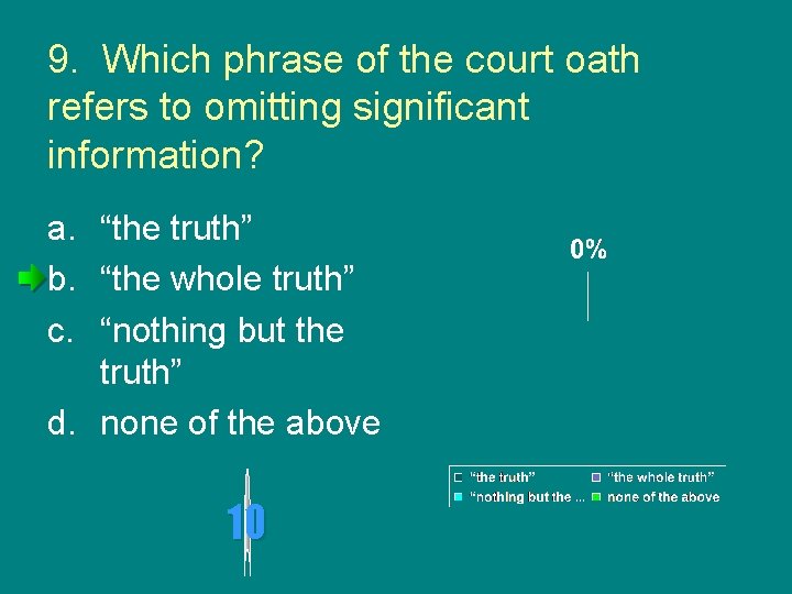 9. Which phrase of the court oath refers to omitting significant information? a. “the