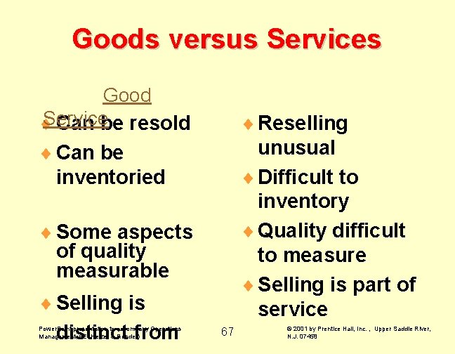 Goods versus Services Good Service ¨ Can be resold ¨ Can be inventoried ¨