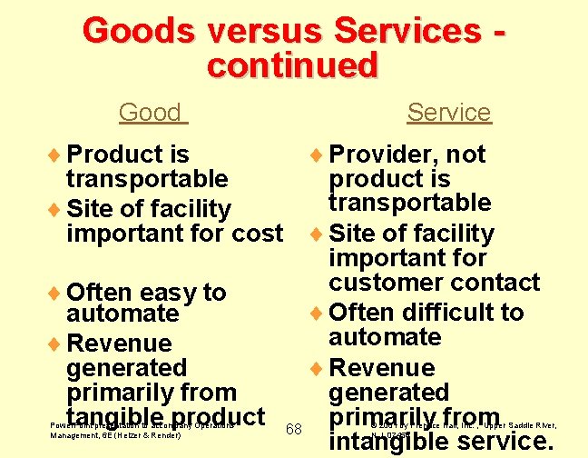 Goods versus Services continued Good Service ¨ Product is ¨ Provider, not transportable product