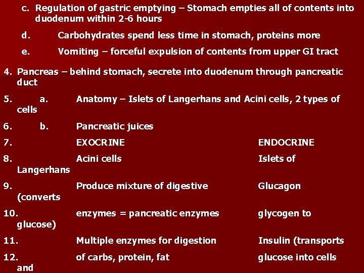 c. Regulation of gastric emptying – Stomach empties all of contents into duodenum within