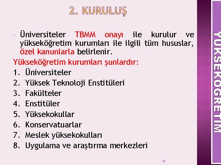 15 YÜKSEKÖĞRETIM Üniversiteler TBMM onayı ile kurulur ve yükseköğretim kurumları ile ilgili tüm hususlar,