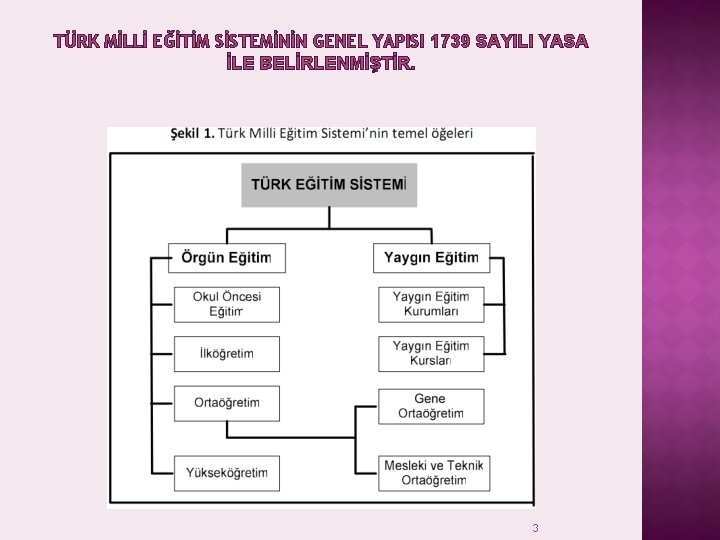 TÜRK MİLLİ EĞİTİM SİSTEMİNİN GENEL YAPISI 1739 SAYILI YASA İLE BELİRLENMİŞTİR. 3 