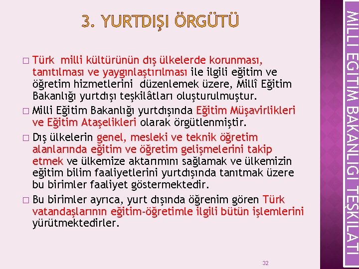 Türk milli kültürünün dış ülkelerde korunması, tanıtılması ve yaygınlaştırılması ile ilgili eğitim ve öğretim