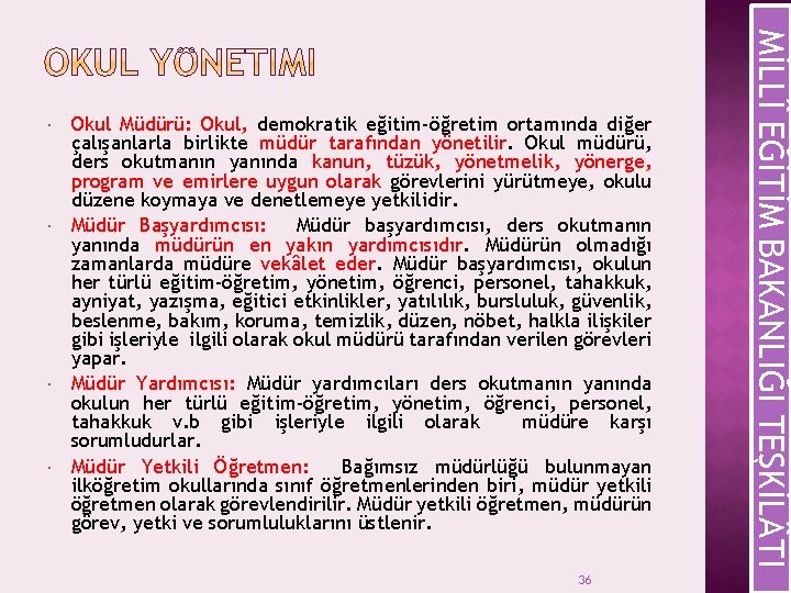  Okul Müdürü: Okul, demokratik eğitim-öğretim ortamında diğer çalışanlarla birlikte müdür tarafından yönetilir. Okul