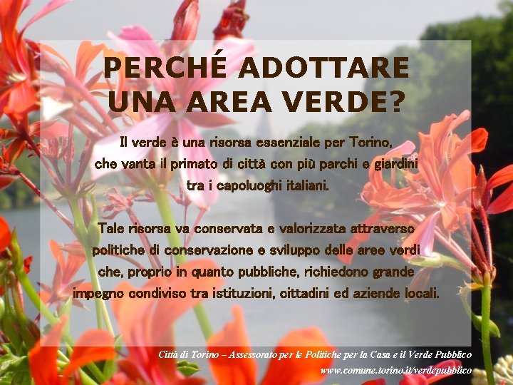 PERCHÉ ADOTTARE UNA AREA VERDE? Il verde è una risorsa essenziale per Torino, che