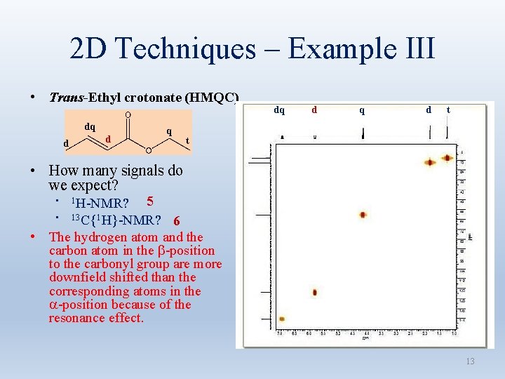 2 D Techniques – Example III • Trans-Ethyl crotonate (HMQC) dq d d q