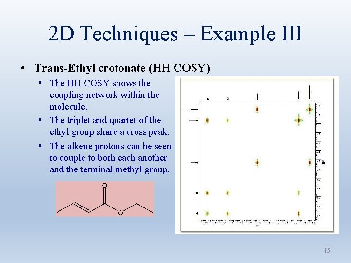 2 D Techniques – Example III • Trans-Ethyl crotonate (HH COSY) • The HH