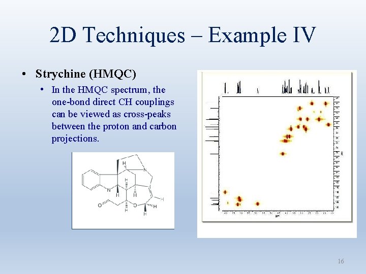 2 D Techniques – Example IV • Strychine (HMQC) • In the HMQC spectrum,