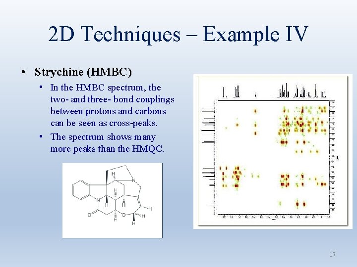 2 D Techniques – Example IV • Strychine (HMBC) • In the HMBC spectrum,