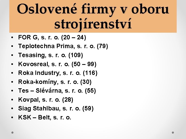 Oslovené firmy v oboru strojírenství • • • FOR G, s. r. o. (20