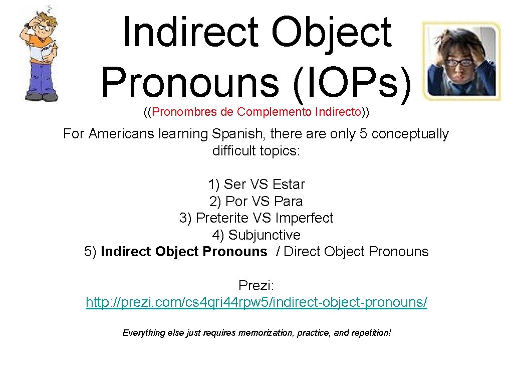 Indirect Object Pronouns (IOPs) ((Pronombres de Complemento Indirecto)) For Americans learning Spanish, there are