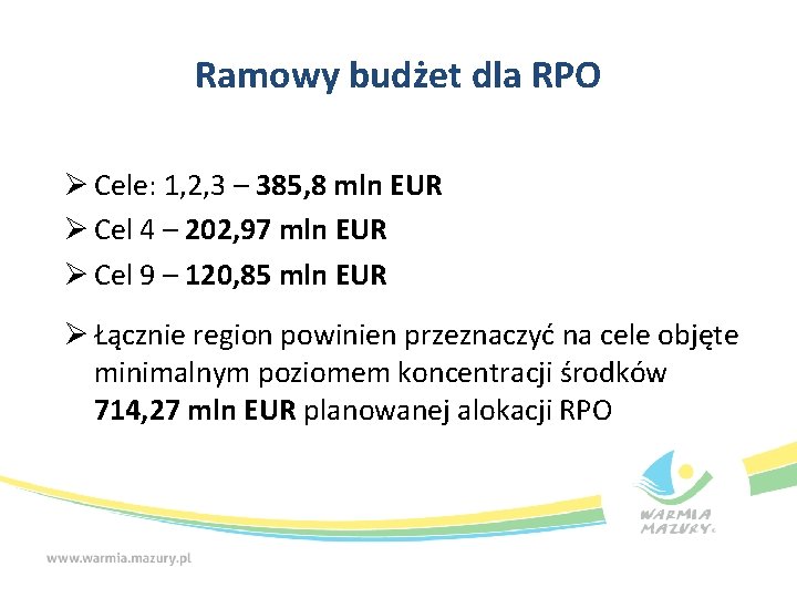 Ramowy budżet dla RPO Ø Cele: 1, 2, 3 – 385, 8 mln EUR