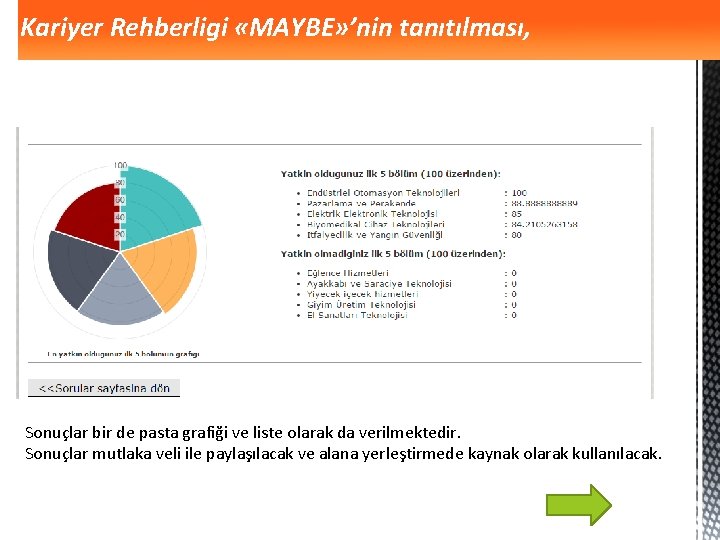 Kariyer Rehberligi «MAYBE» ’nin tanıtılması, Sonuçlar bir de pasta grafiği ve liste olarak da