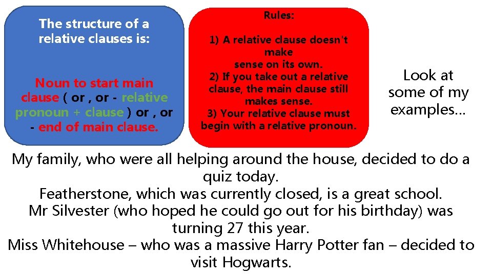 The structure of a relative clauses is: Noun to start main clause ( or