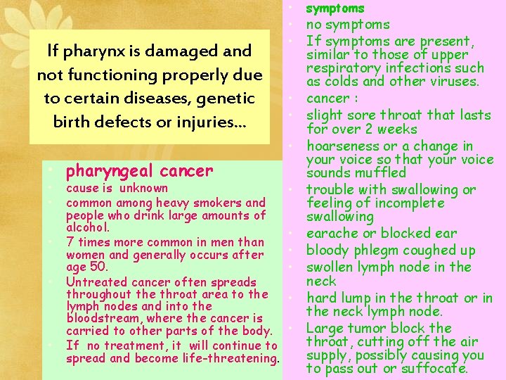  • symptoms • no symptoms • If symptoms are present, If pharynx is